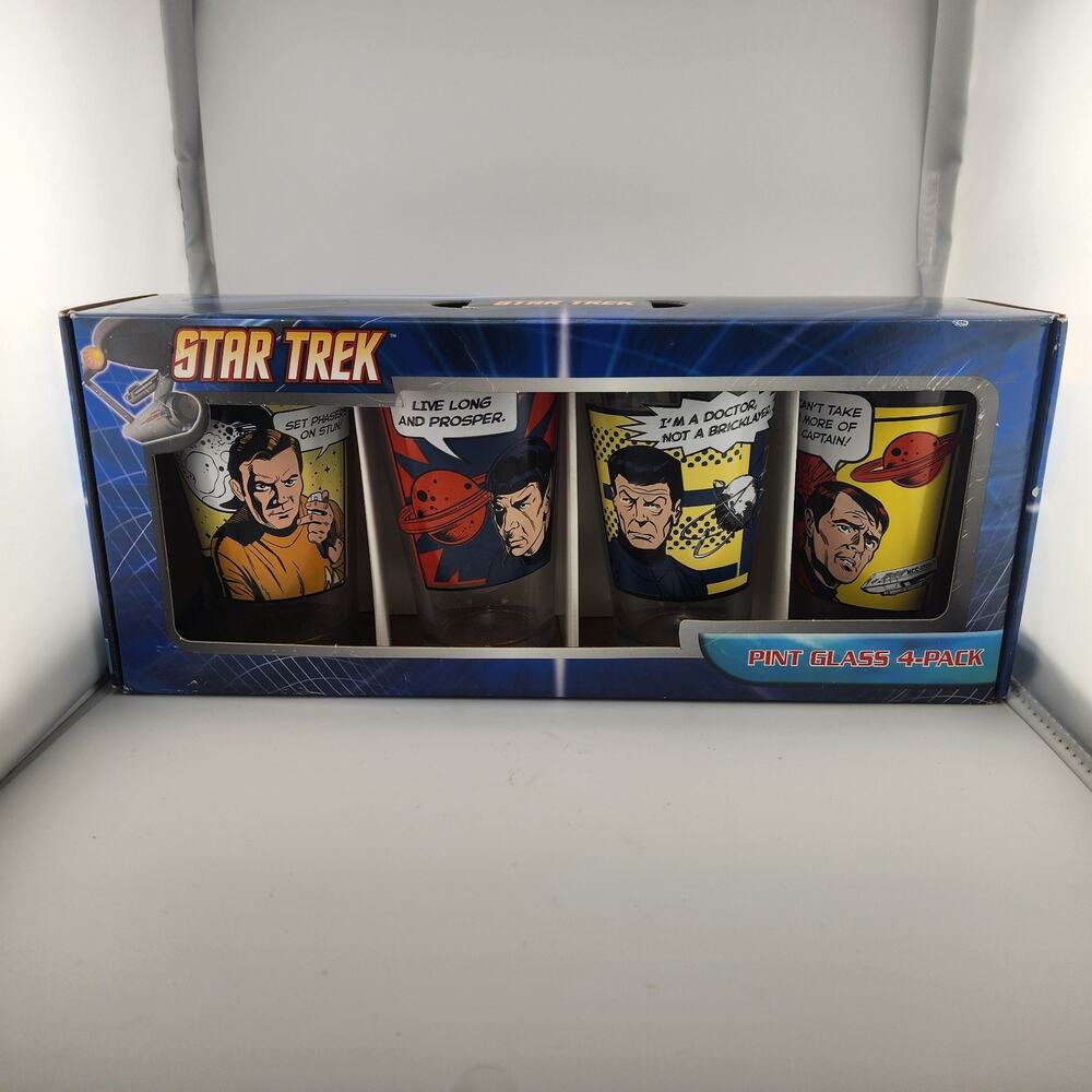 Vintage Star Trek 16oz Pint Glasses 2012 Set Of 4 Kirk Spock Scotty McCoy IOB